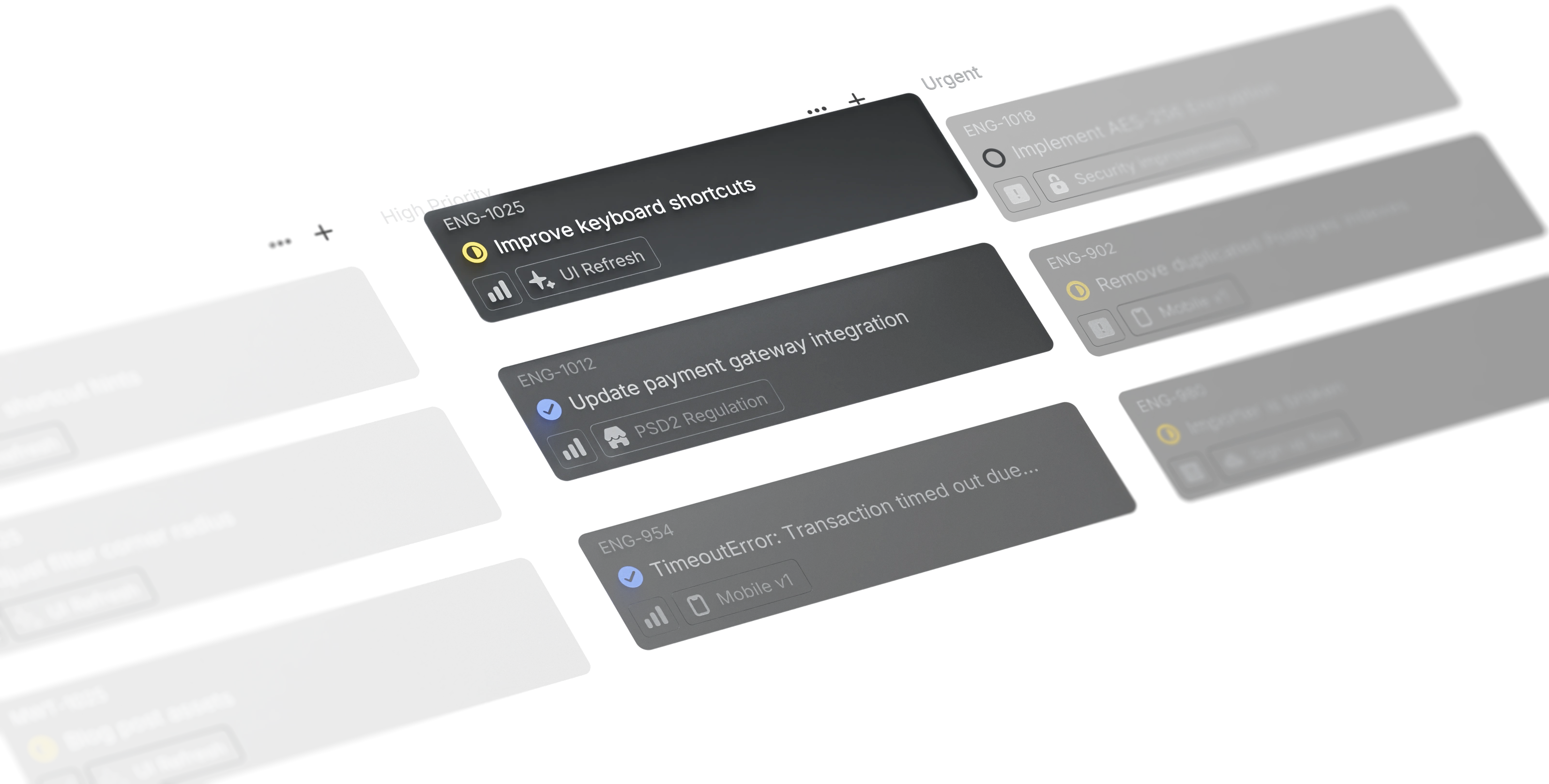 A screenshot of an issue board view in Linear showing three high-priority tasks